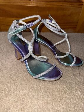 Iridescent Purple-Green Strappy Block Heel Sandals SILVER SPARKLY